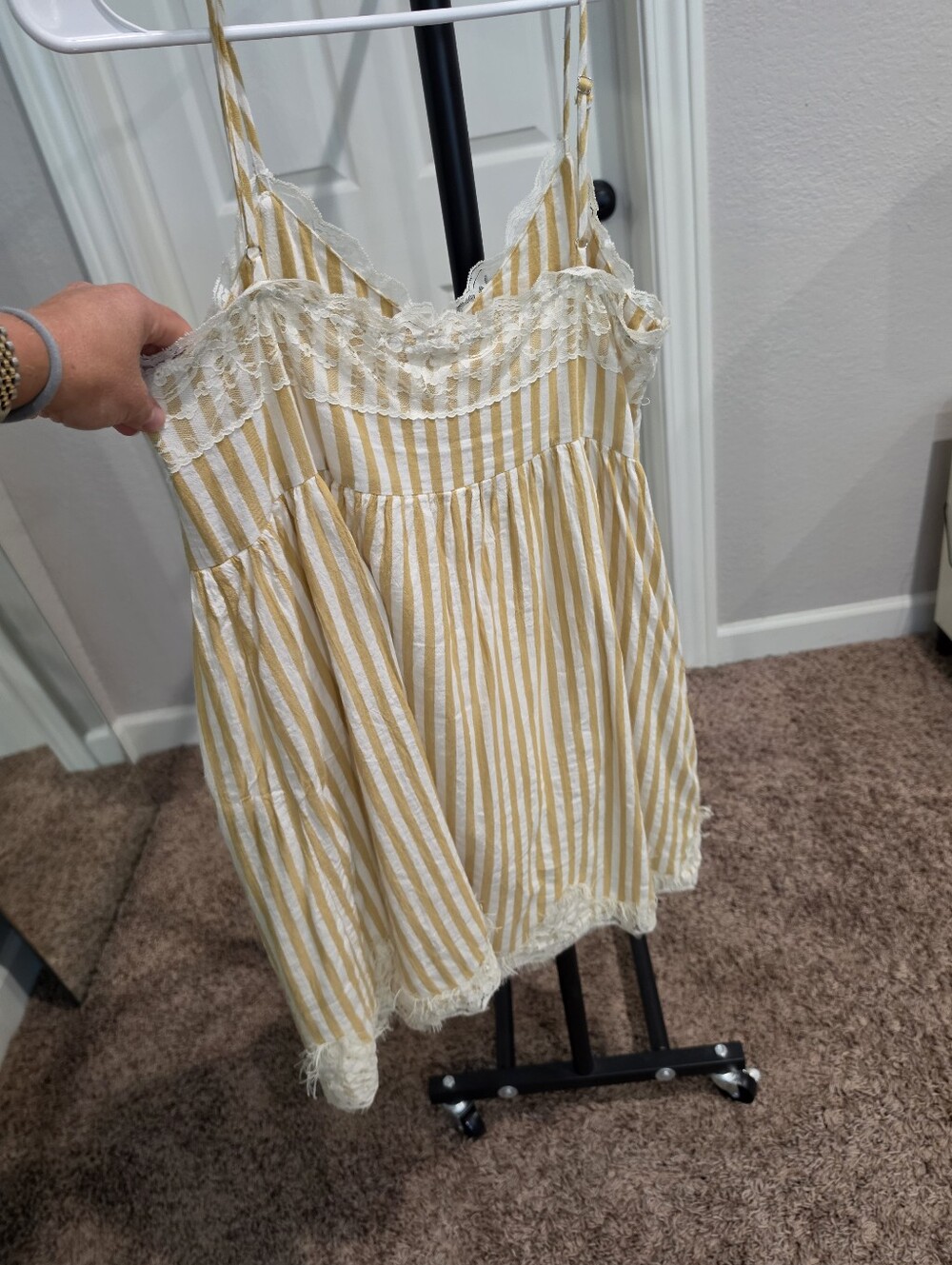Entro Yellow White Stripe Lace Trim Babydoll Mini Dress Size Medium - Picture 2 of 3